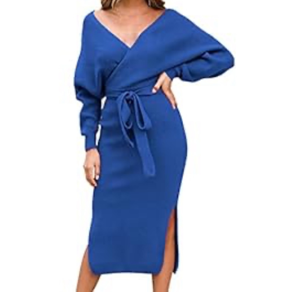 Women's V Neck Long Batwing Sleeve Wrap Midi Knit Sweater Dress